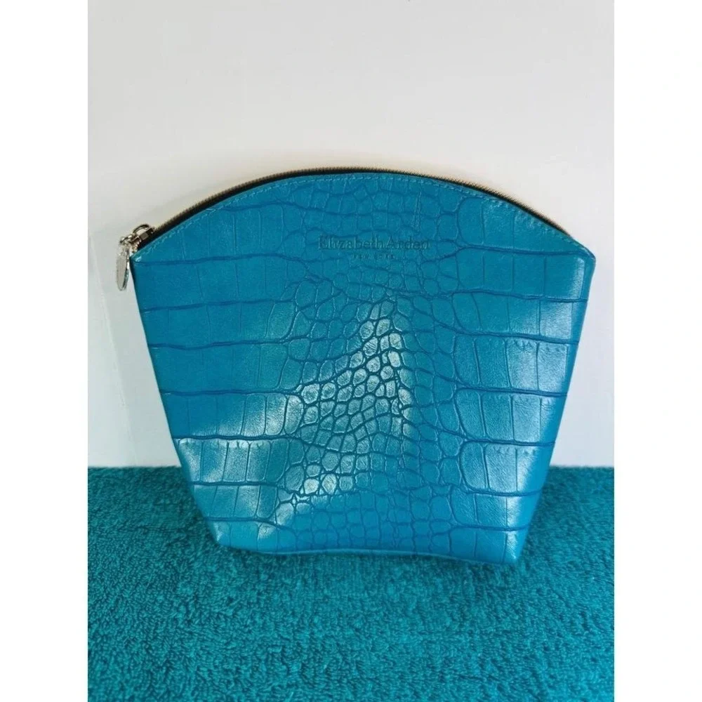 Elizabeth Arden Teal Croc Embossed Cosmetic Makeup Bag Pouch